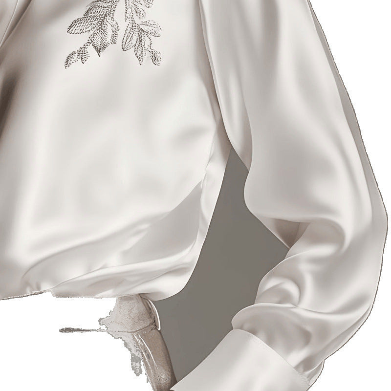 European & American Quality Apricot Embroidery Loose Chiffon Top Shirt