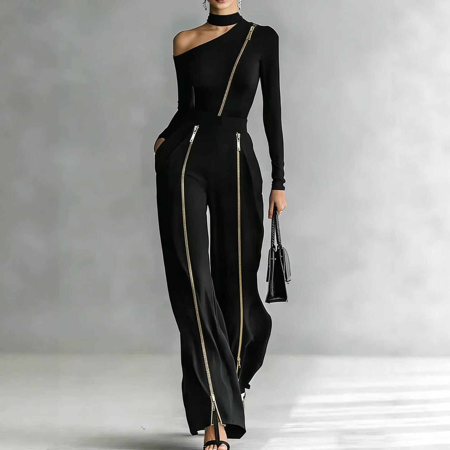 طقم بنطال واسع الساقين، بياقة دائرية وأكمام طويلة، مصنوع من قماش محبوك، مزود بسحاب ثنائي الاتجاه.