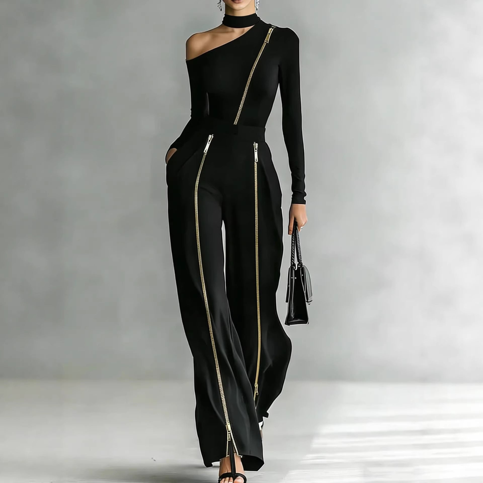 Crew-Neck Long Sleeve Knit Two-Way Zipper Wide-Leg Pants Set Black