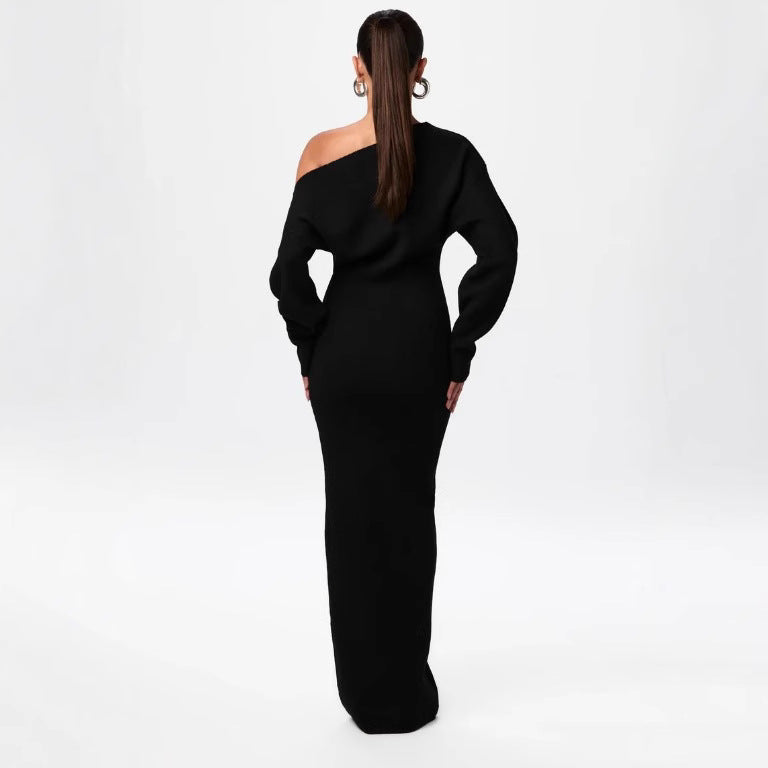 Robe de soirée moulante en maille tricotée à manches longues et col bardot