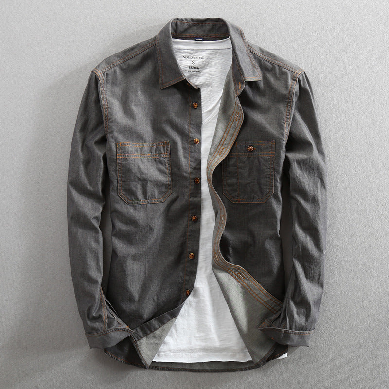 Chemise en jean décontractée ample à manches longues et revers en coton pour homme