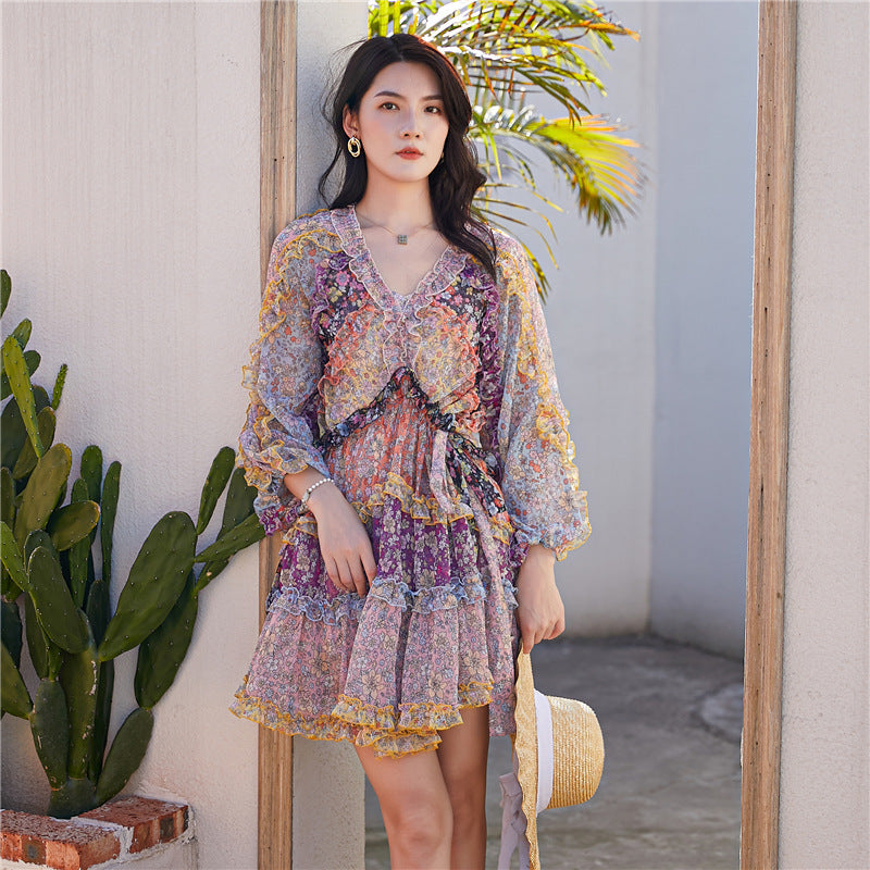 Contrasting Print Floral Panel Long Sleeve Nipped Waist Lantern Sleeve Dress