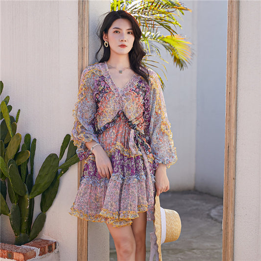 Contrasting Print Floral Panel Long Sleeve Nipped Waist Lantern Sleeve Dress