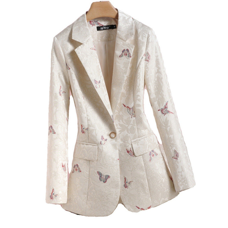 Women's Apricot Waist-Tight National Style Printed Suit Jacket