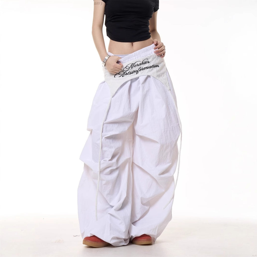 Pantalon cargo ample décontracté taille haute pour femme avec détails à nouer