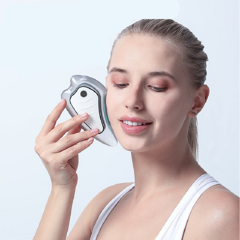 Appareil de massage facial vibrant et chauffant électrique Gua Sha, luminothérapie rouge et bleue, pour un effet beauté, lifting et amincissement du visage.