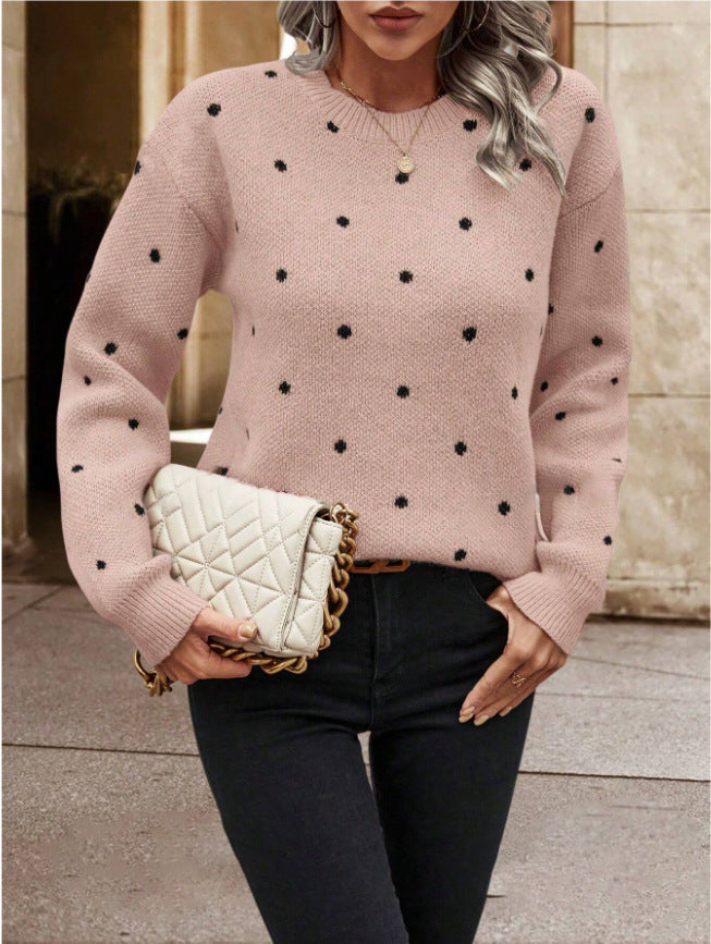 Polka Dot Print Pullover Sweater Long-Sleeve Casual Knit Top for Women
