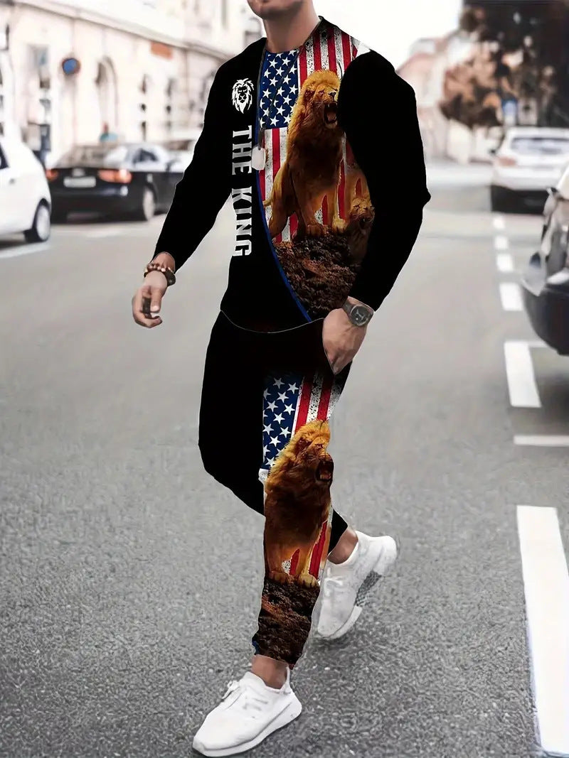 Men's 3D Digital Print Round Neck Sports Sweatshirt Suit