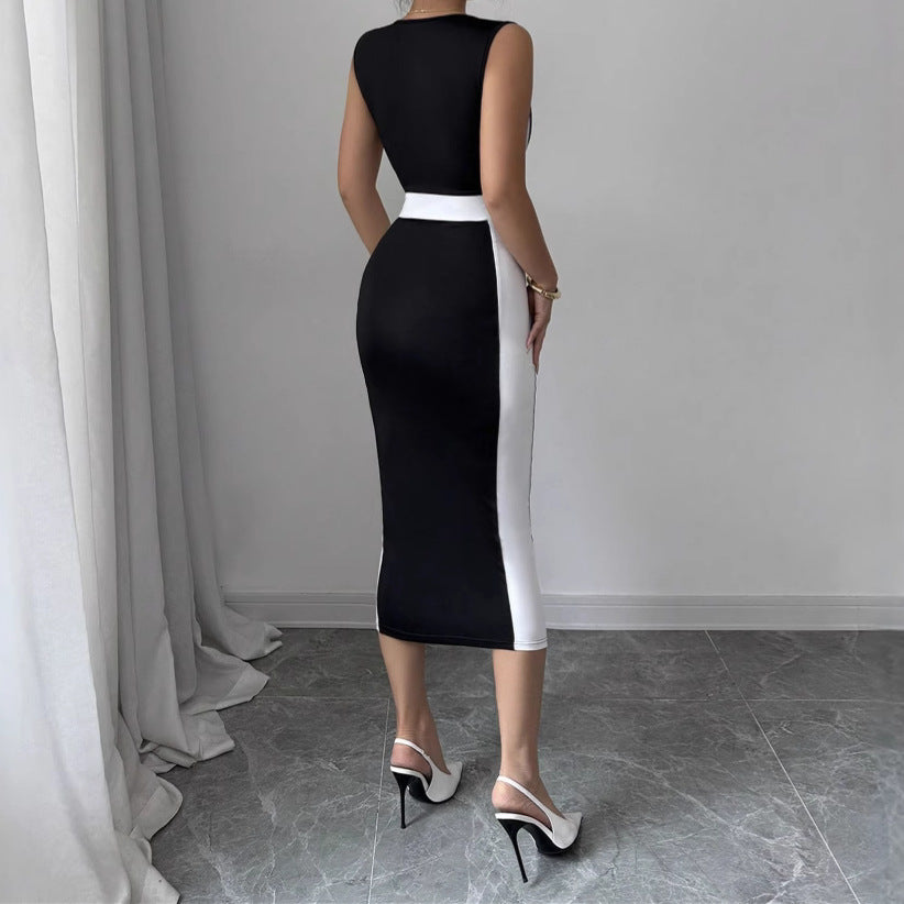 Robe longue color block à col carré et à fines bretelles pour femme