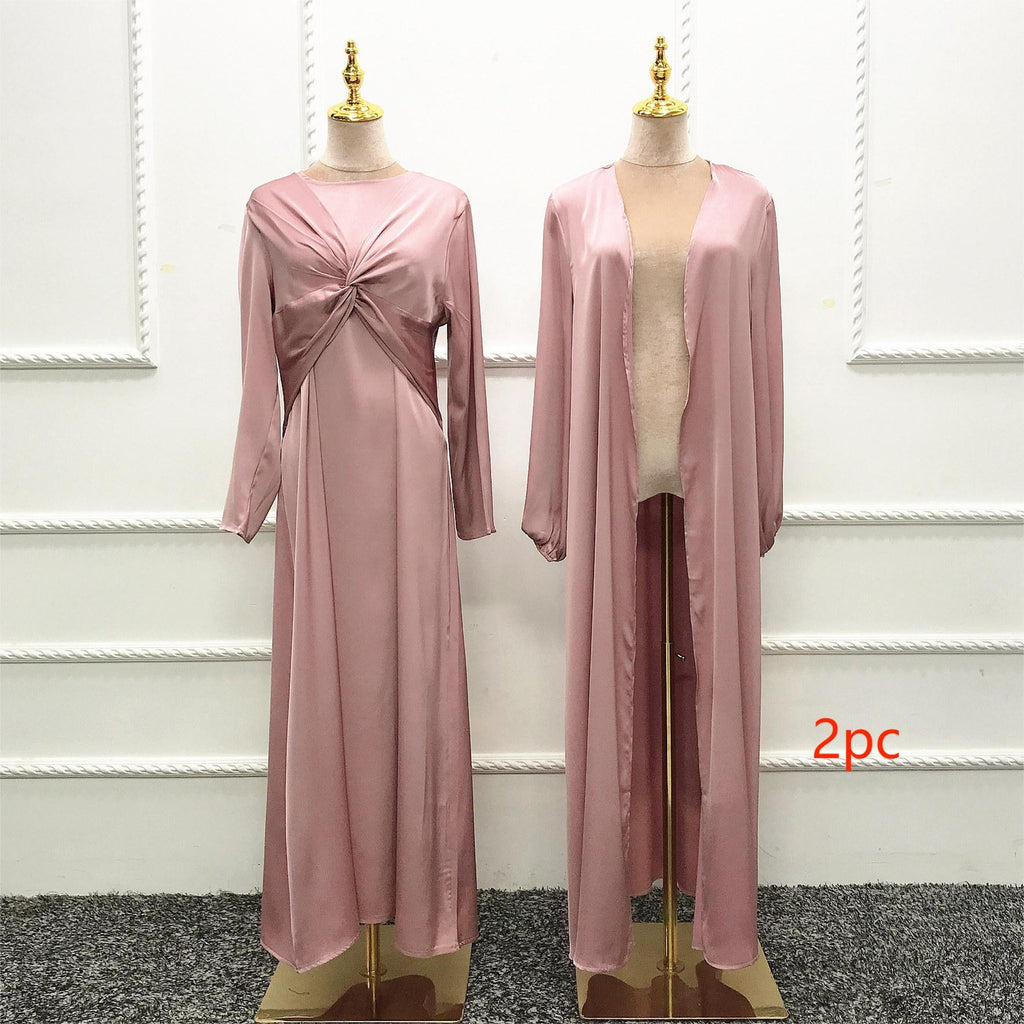 Turkey Dubai Fashion Solid Color Two-Piece Dress Cardigan Set for Middle Eastern Women