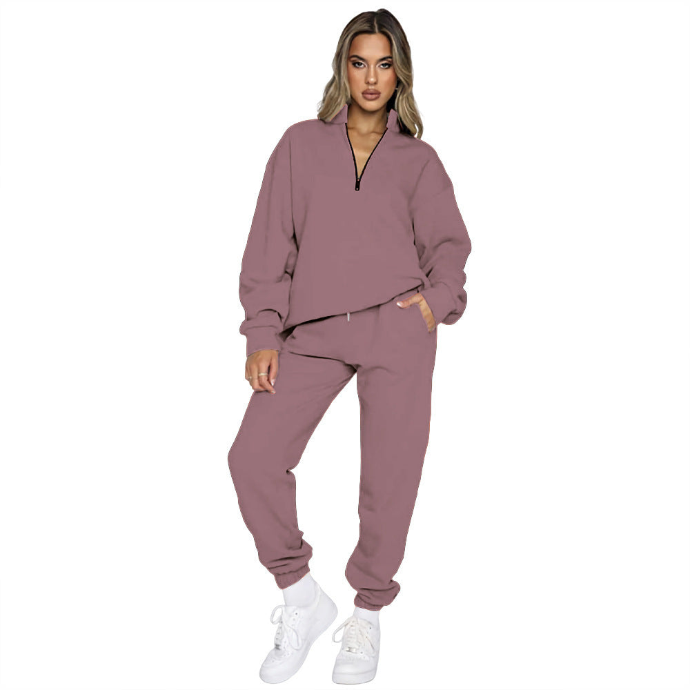 Women's Zipper Pullover Long Sleeve Sweater Two-Piece Set
