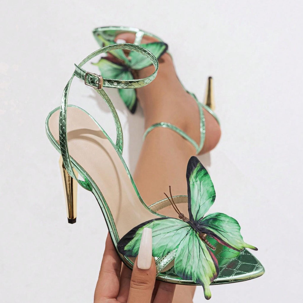 Women's Green Butterfly Stiletto Heel Sandals, Size 35-43