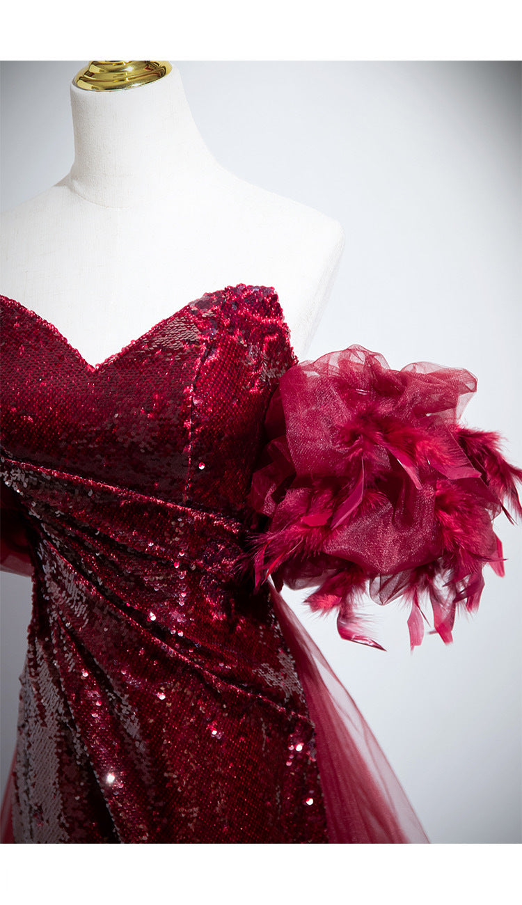 Wine Red Fishtail Sequins Wedding Evening Dress with Lantern Sleeves