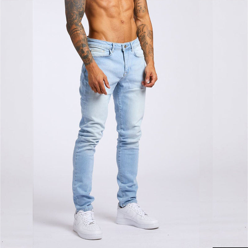 Jeans décontracté taille haute coupe slim pour homme bleu clair et noir