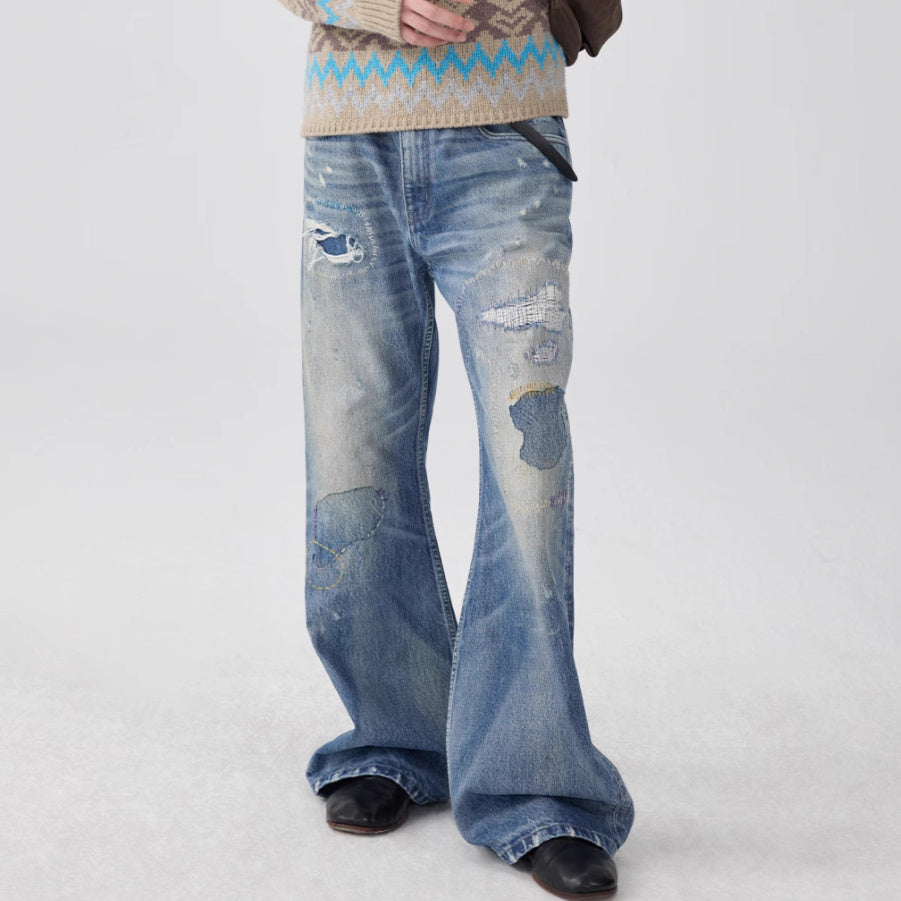 Washed Blue Mid Waist Flared Denim Jeans with Patch & Wire-Track