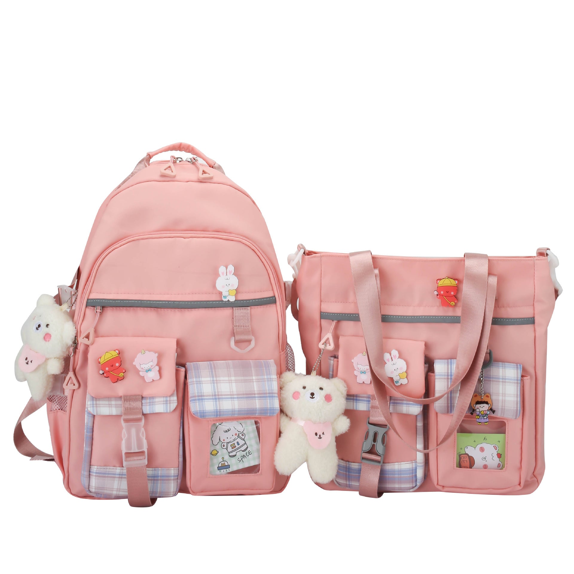 Harajuku Preppy Nylon Backpack Two-Piece Set with Stripes, 33x44x14cm