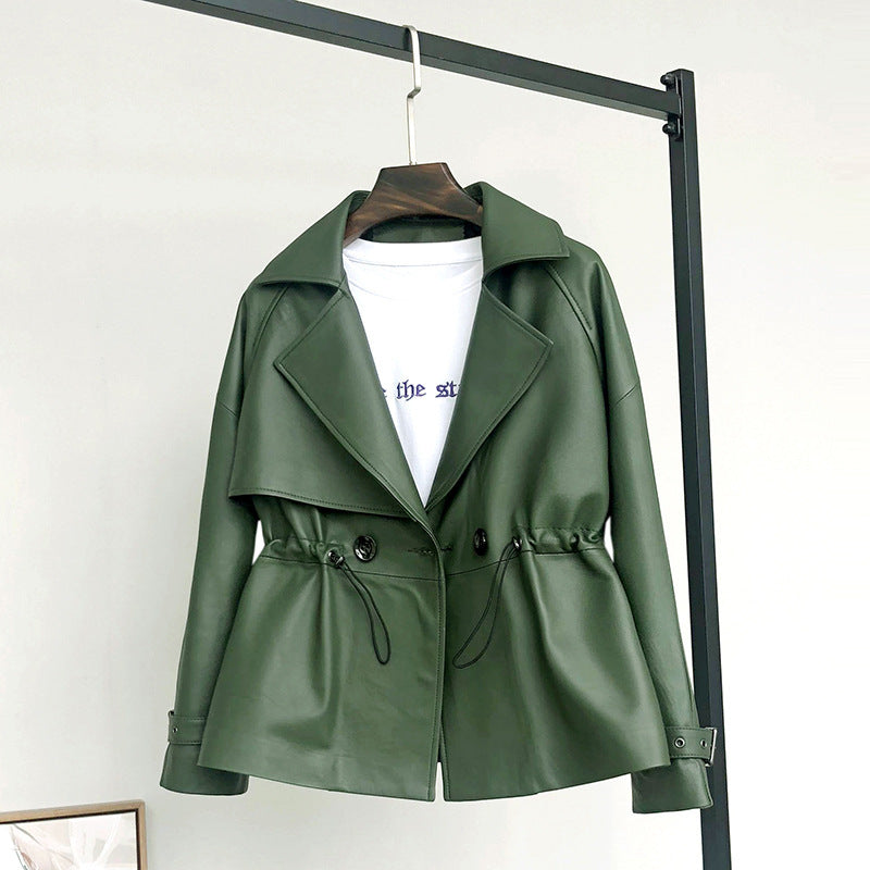 Sheepskin Suit Collar Motorcycle Leather Jacket Waist-Length