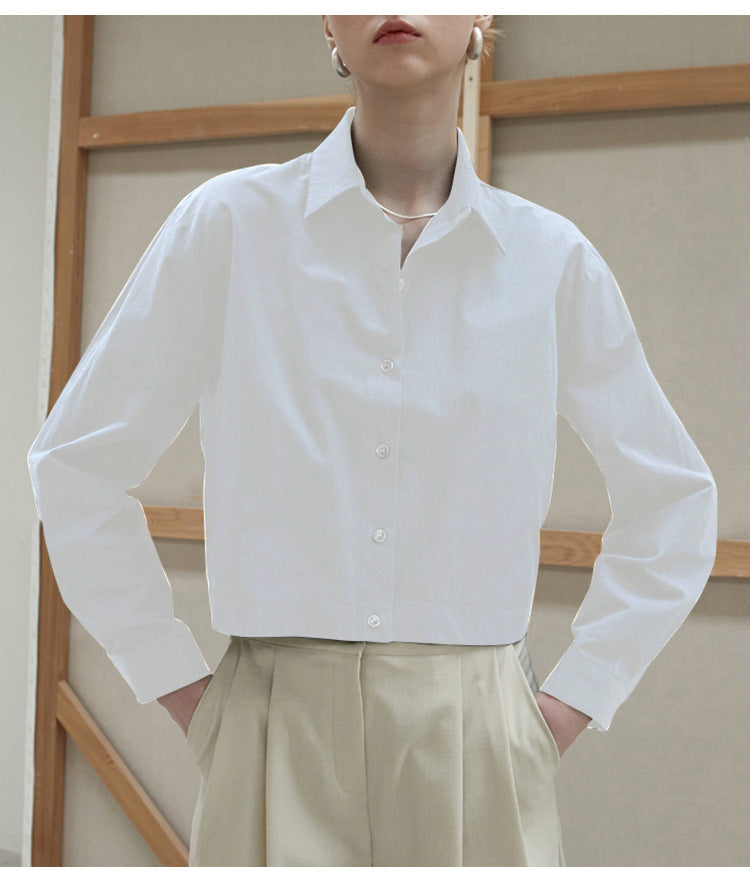 Cotton Hem Elastic Waist Slimming Solid Color Long Sleeve Shirt