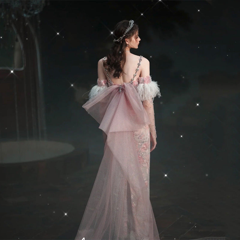 Pink Feather Studded Beaded Dress High Waist Acrylic Fiber