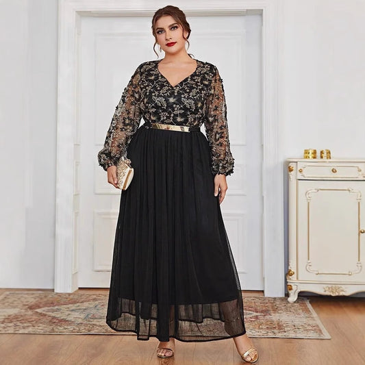 Muslim European And American Plus Size Dress V-neck Black Panel