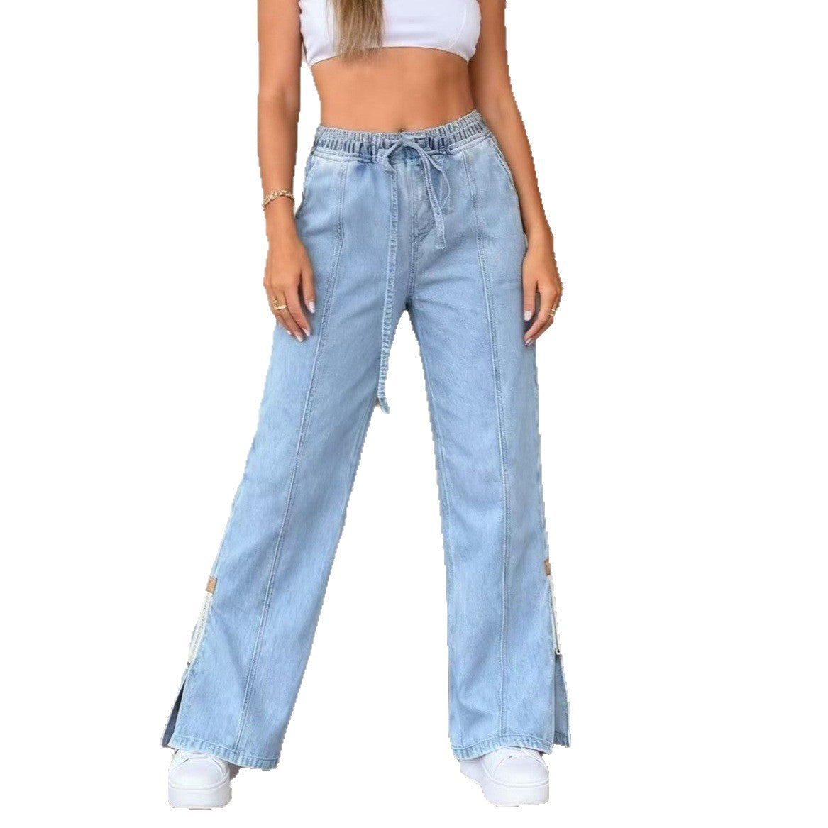 Loose-Fit Light Blue Denim Jeans With Slit & Elastic Waist