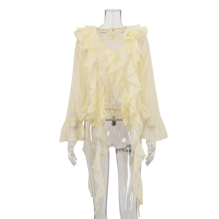 Chemise en Tencel beige décontractée à volants et manches cloche