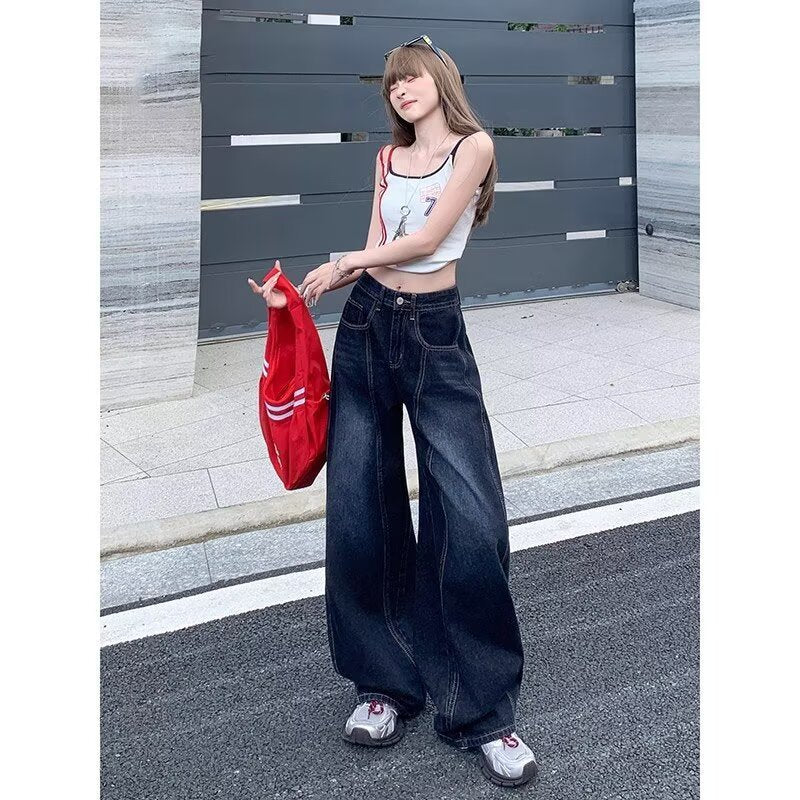 Women's High Waist Dark Blue Wide Leg Denim Jeans