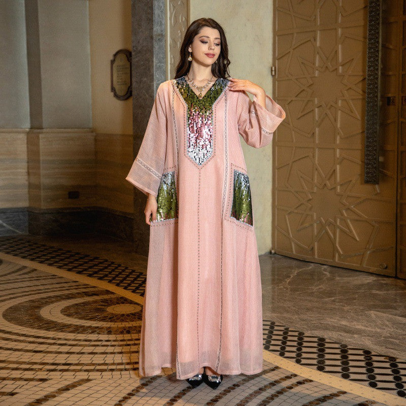 V-Neck Embroidered Sequin Arabian Women's Loose Dress