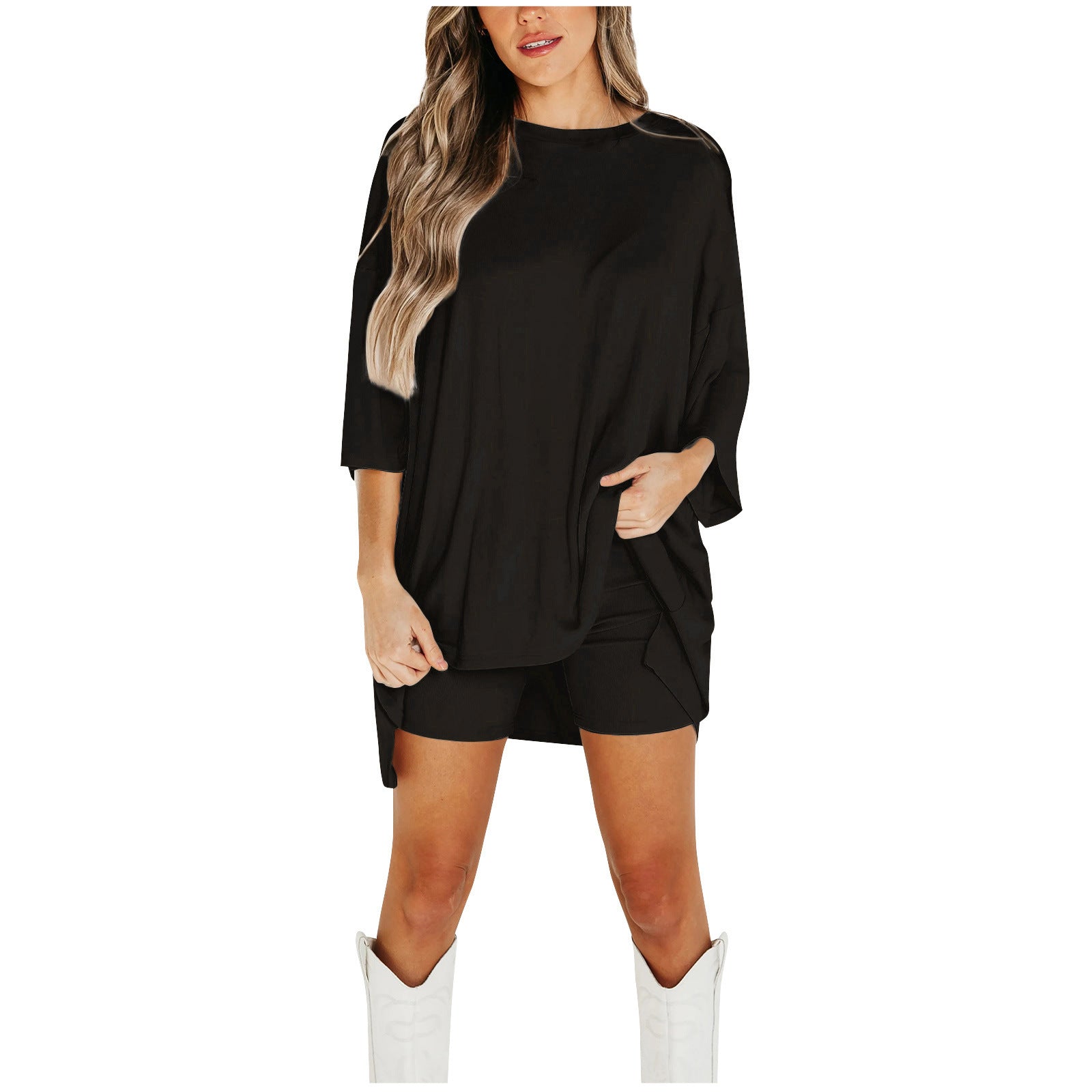 Ensemble short d'été pour femme, T-shirt ample à manches chauve-souris et pantalon slim