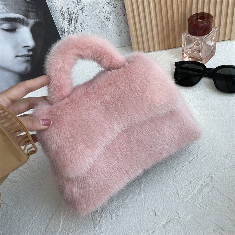 Mink Fur Hourglass Wrapped Clutch with Hard Handle - Plush, Magnetic Buckle, 22x26x18cm, Multiple Colors