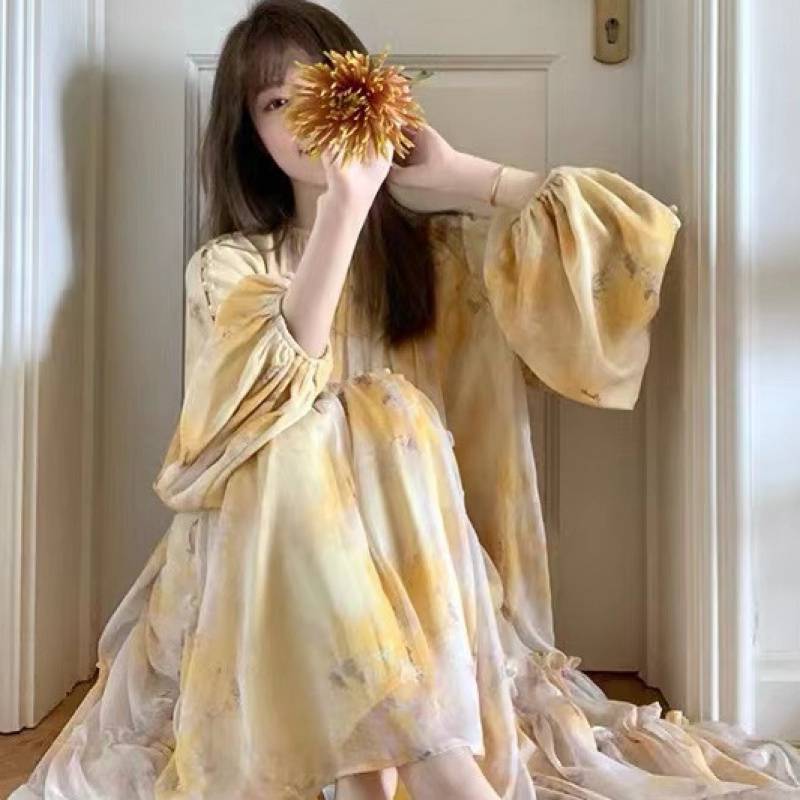 French Entry Lux Design Yellow Puff Sleeve Long Dress with Ink Print