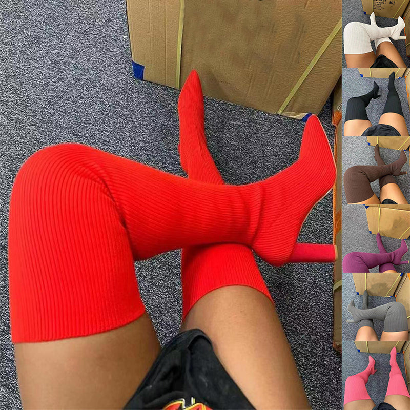 بوت طويل فوق الركبة بكعب عالٍ ومقدمة مدببة، مصنوع من قماش محبوك مطاطي، حذاء شتوي نسائي