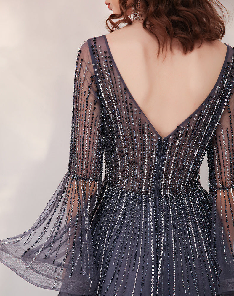 High-End Luxury Evening Dress for Banquet with Trumpet Sleeve and Zipper