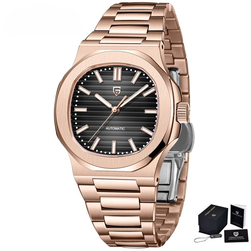 Men's Stainless Steel Automatic Waterproof Barrel Wristwatch