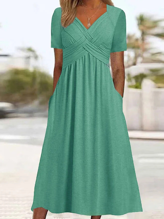 V-Neck Waist-Tight Spring Summer Dress Outerwear Nightdress in Black, Emerald, Peacock Blue, Sizes M-XXXL