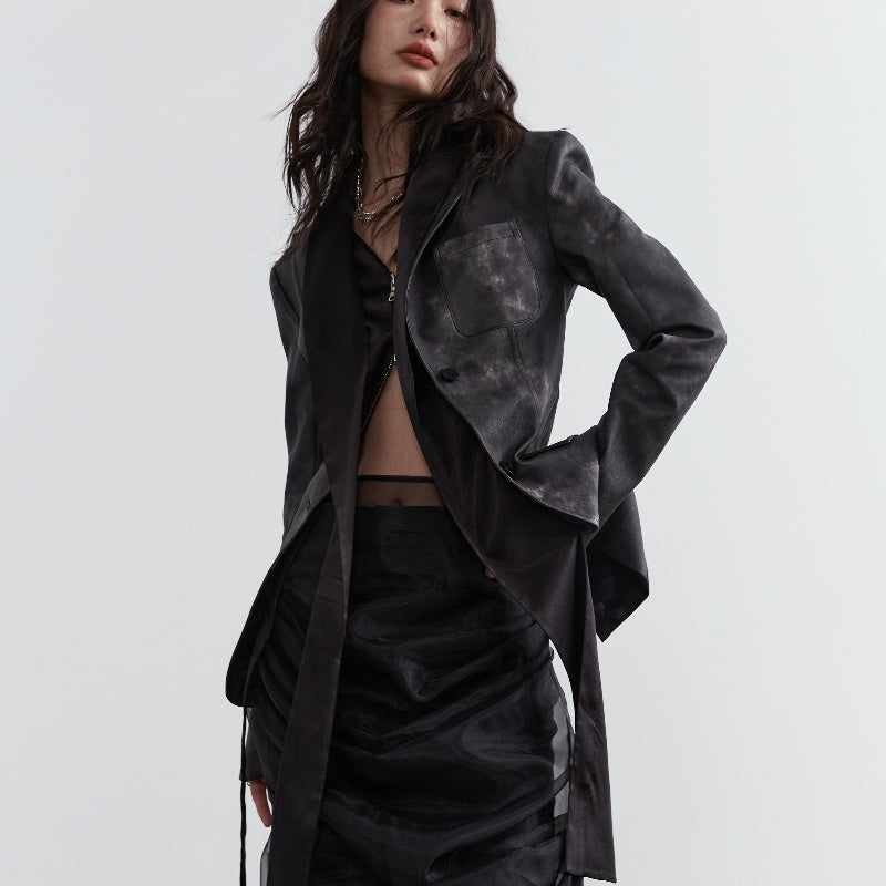 Dark Punk Smoked Ink Dyed PU Leather Coat Two-Piece Look