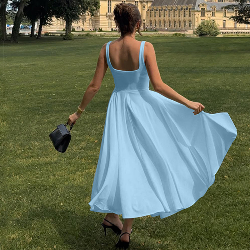 Square Collar Sleeveless High Waist Pleated Long Dress