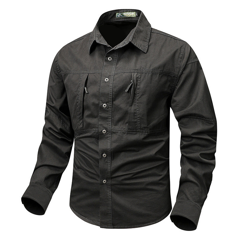 Spring And Autumn Pocket New Polo Collar Casual Shirt