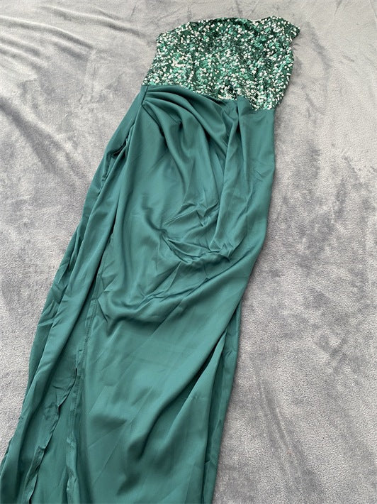 Robe longue de soirée sans manches à paillettes vertes pour femme