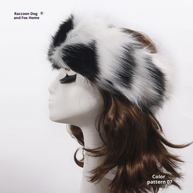 طوق رأس مرن من الفرو الصناعي بنقشة فرو الثعلب للنساء