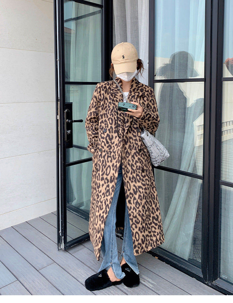 Women's Long Winter Leopard Print Woolen Coat