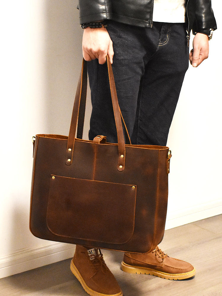Vintage Crazy Horse Leather Handbag Large Capacity Coffee Color