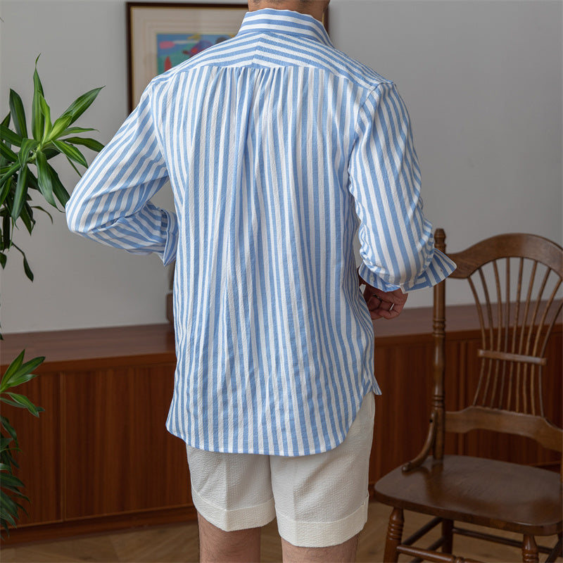Chemise à manches longues en seersucker rayé bleu respirant