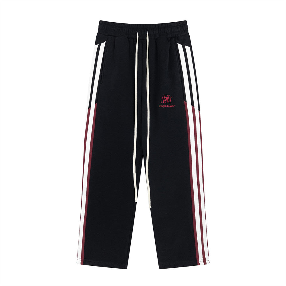 Men's Side Ribbon Matching Striped Loose Straight Pants