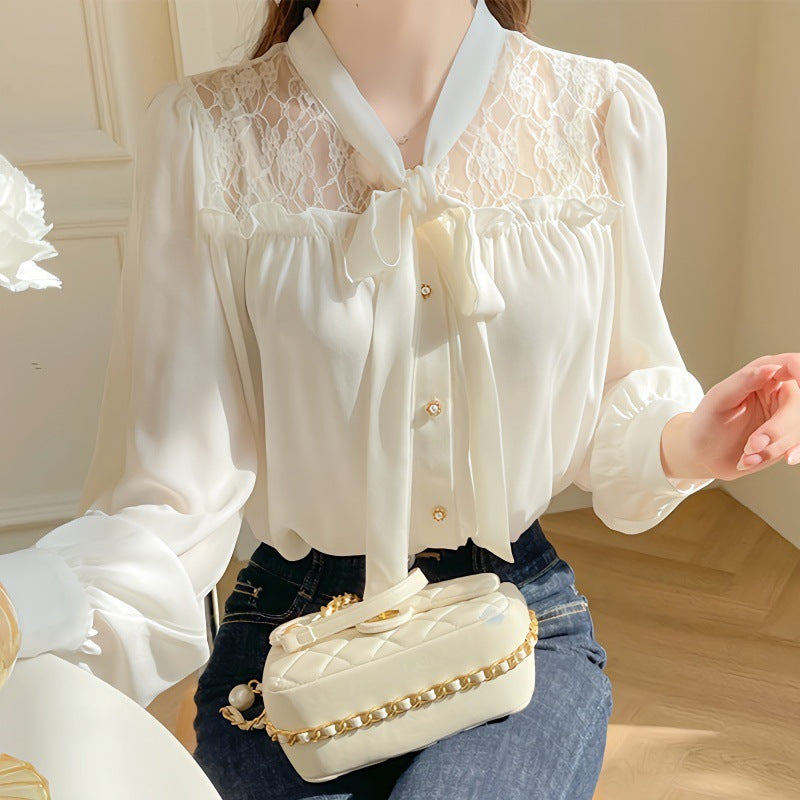 Chemisier en mousseline de soie à manches longues et patchwork de dentelle élégant pour femme