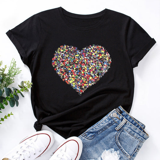 Creative Love Cotton Loose Round Neck Short Sleeve T-Shirt Women