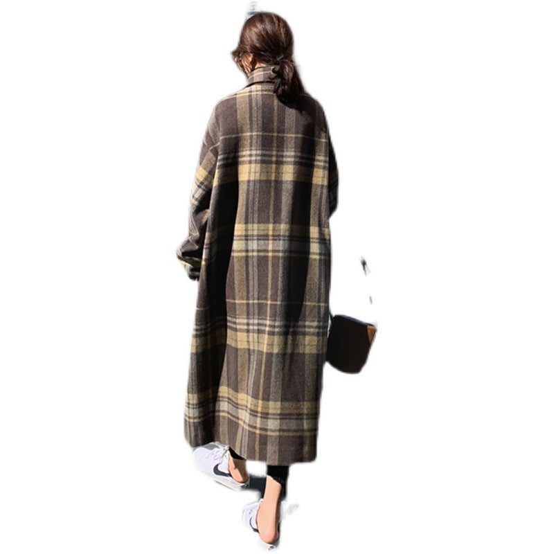 Manteau ample en laine épais à carreaux pour femme, automne-hiver, en fibre de polyester marron