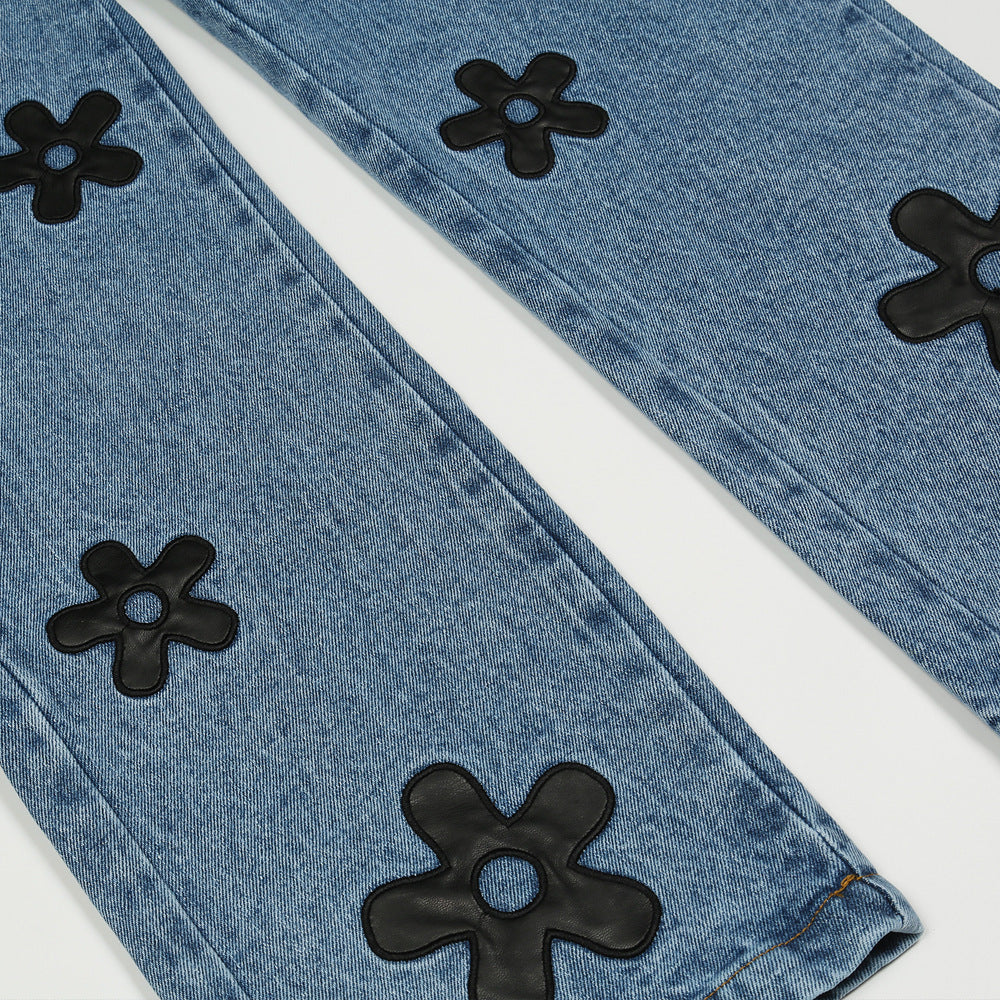 Loose Straight Blue Embroidered Casual Cotton Blend Trousers