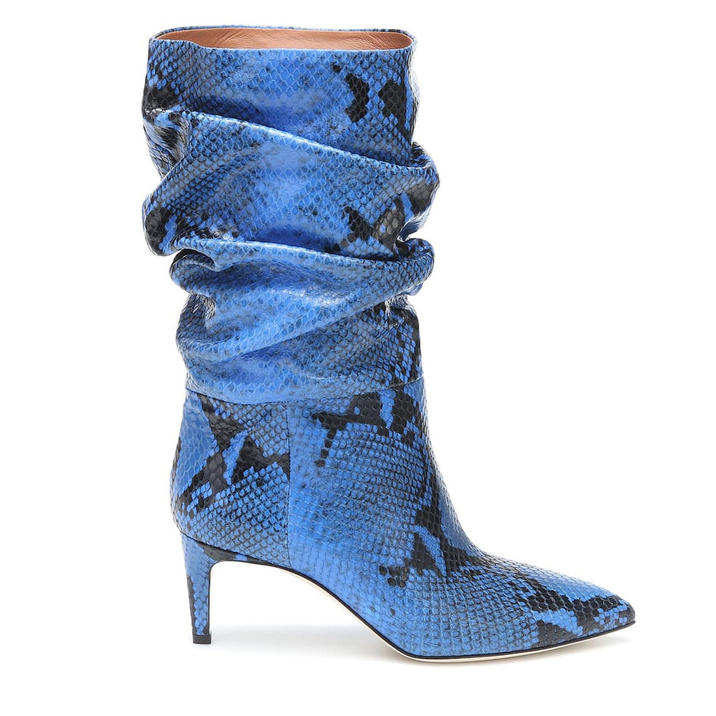Bottes mi-hautes à talon aiguille et bout pointu pour femmes, imprimé serpent argenté et violet