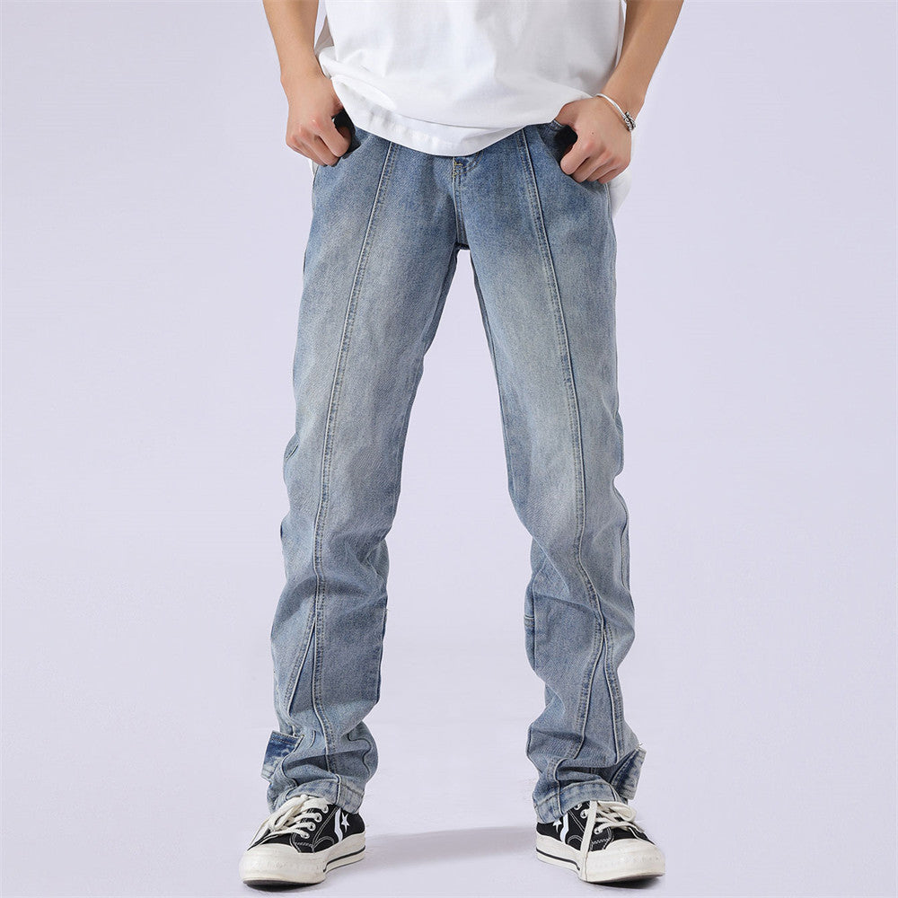 Solid Blue Patchwork Straight-Leg Jeans for Men Cotton